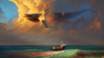 nubes barcos ballenas gaviotas en el cielo Pinturas al óleo